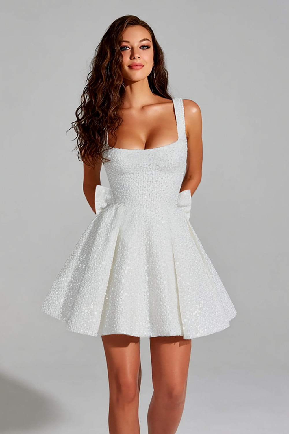 Sparkly Black A Line Square Neck Sequins Short Cocktail Dress with Back Giant Bow