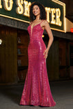 Stunning Mermaid Spaghetti Straps Fuchsia Sequins Corset Prom Dress