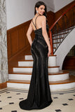 Sparkly Mermaid Spaghetti Straps Black Long Evening Dress with Beading Split Front
