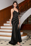 Sparkly Mermaid Spaghetti Straps Black Long Evening Dress with Beading Split Front