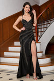 Sparkly Mermaid Spaghetti Straps Black Long Evening Dress with Beading Split Front
