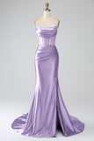 Red Mermaid Strapless Pleated Corset Long Prom Dress with Slit