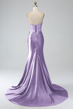 Red Mermaid Strapless Pleated Corset Long Prom Dress with Slit