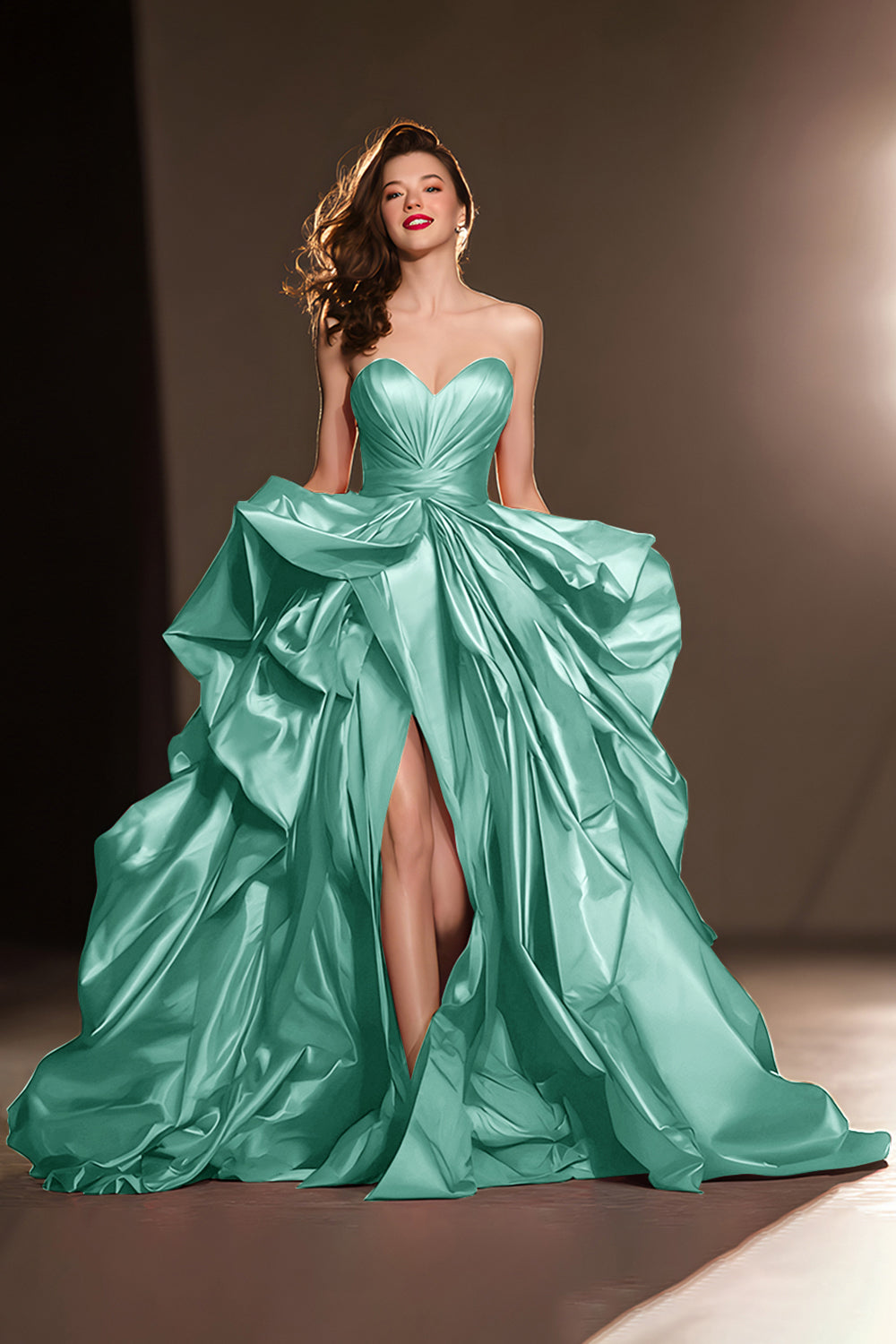 A Line Sweetheart Dark Red Ruffle Pageant Dress with Slit