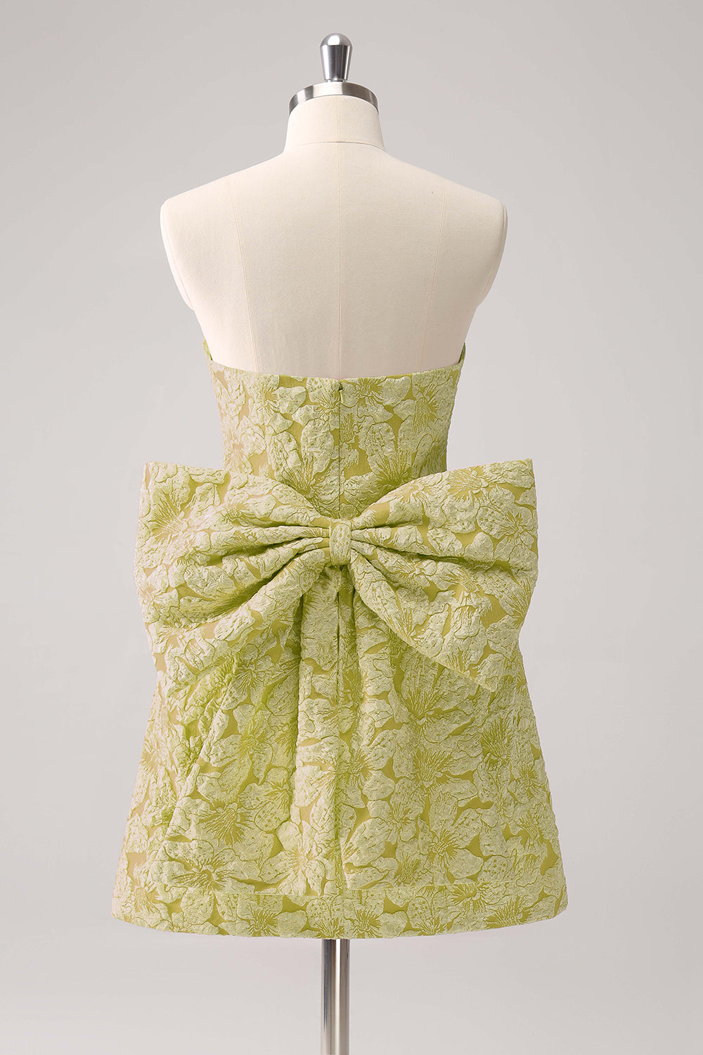 Dark Green A Line Strapless Floral Brocade Short Homecoming Dress with Back Giant Bow
