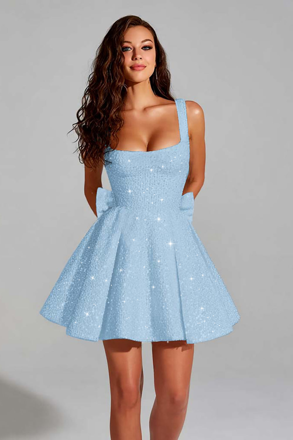 Sparkly Black A Line Square Neck Sequins Short Cocktail Dress with Back Giant Bow