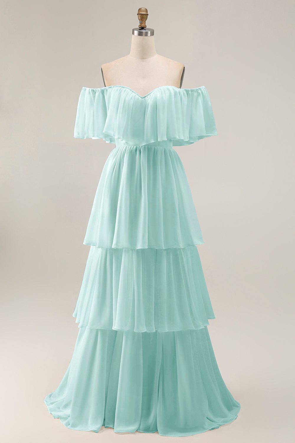 White Ruffled Off the Shoulder Chiffon A Line Wedding Dress