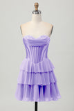 Blue Tiered Corset A Line Strapless Short Homecoming Dress