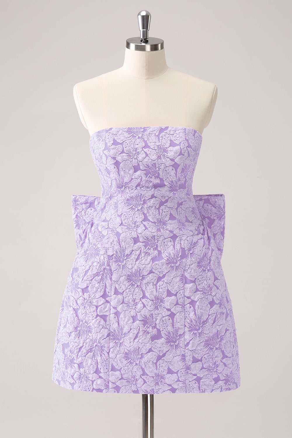Fuchsia A Line Floral Strapless Brocade Short Homecoming Dress with Back Giant Bow