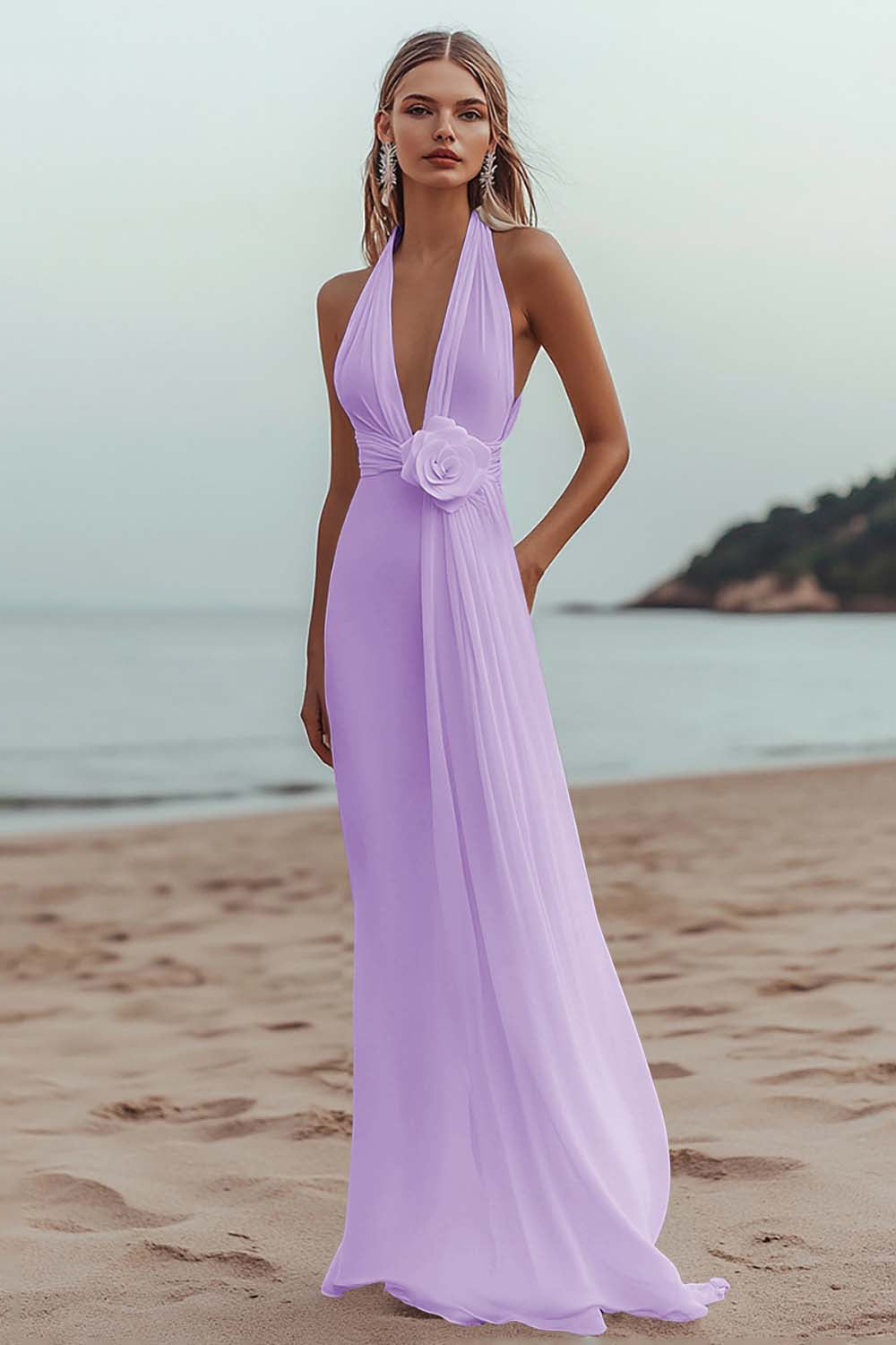 White Sheath Halter Ruched Long Formal Dress with Flower