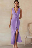 Sky Blue Satin V-Neck Long Work Dress with Slit