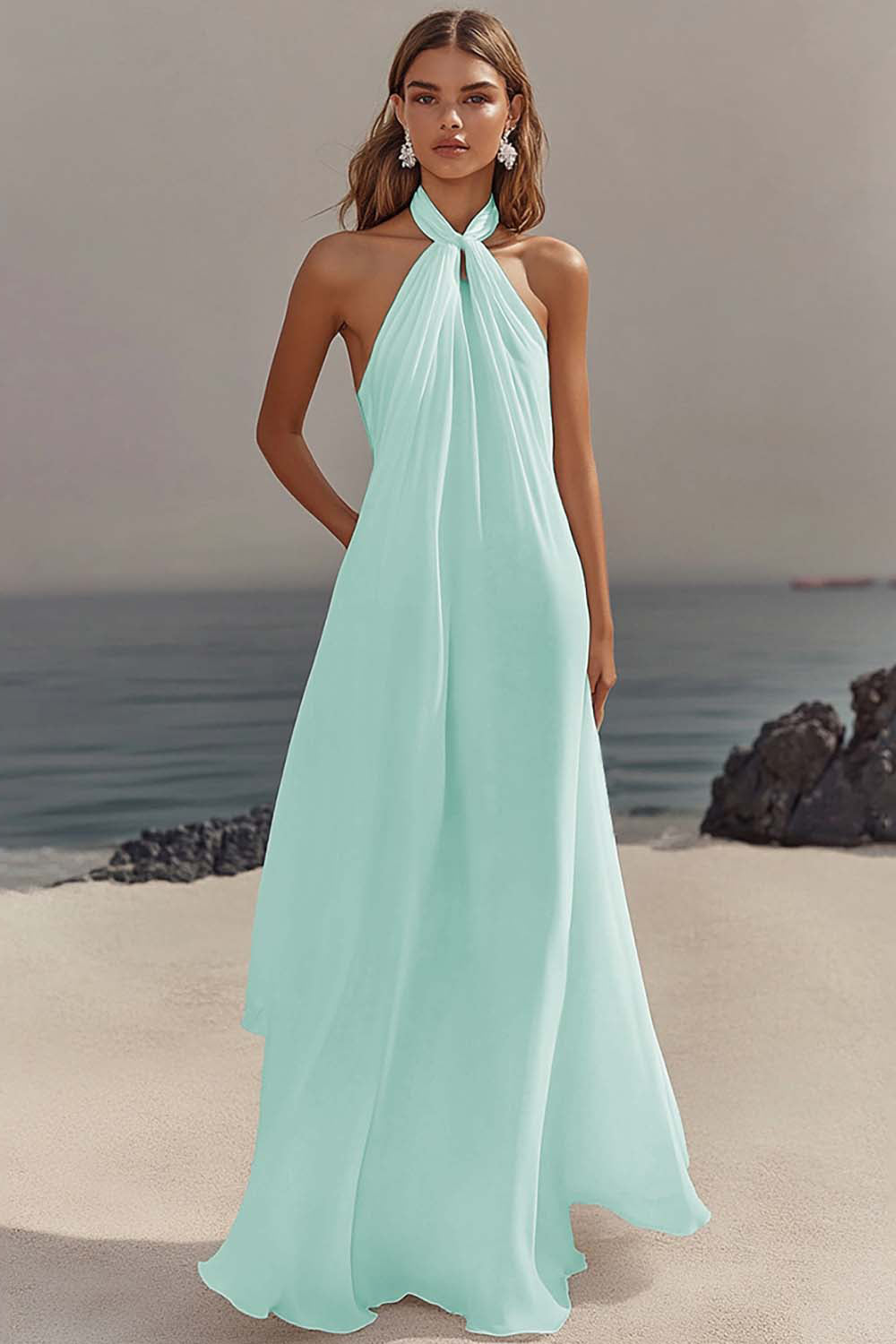 White Sheath Halter Chiffon Long Boho Beach Dress