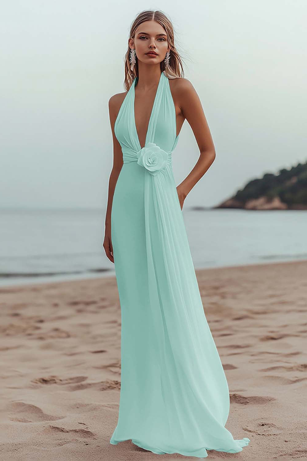 White Sheath Halter Ruched Long Formal Dress with Flower
