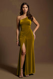Dark Green One Shoulder Mermaid Holiday Party Dress With Slit