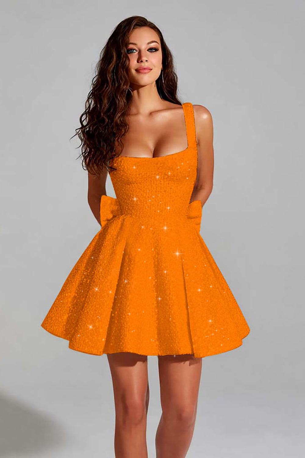 Sparkly Black A Line Square Neck Sequins Short Cocktail Dress with Back Giant Bow