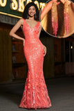 Charming Coral Mermaid Deep V Neck Sparkly Sequin Prom Dress with Accessory