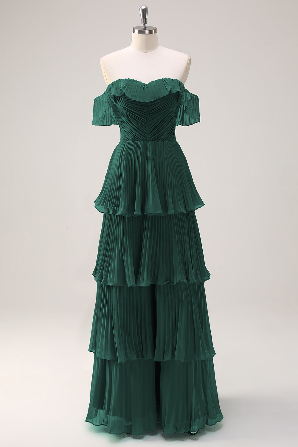 Eucalyptus A Line Off the Shoulder Tiered Pleated Long Bridesmaid Dress with Slit
