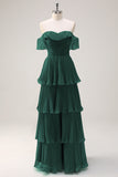 Eucalyptus A Line Off the Shoulder Tiered Pleated Long Bridesmaid Dress with Slit