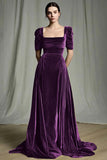 Olive A-Line Square Neck Velvet Long Formal Dress