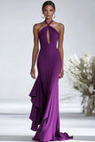 Halter Terracotta Chiffon Ruffles Sheath Red Gala Dress