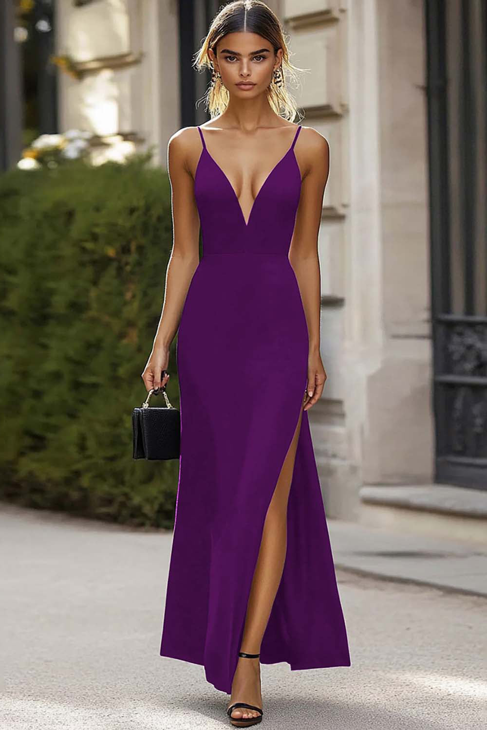 Black Spaghetti Straps Long Formal Dress with Slit