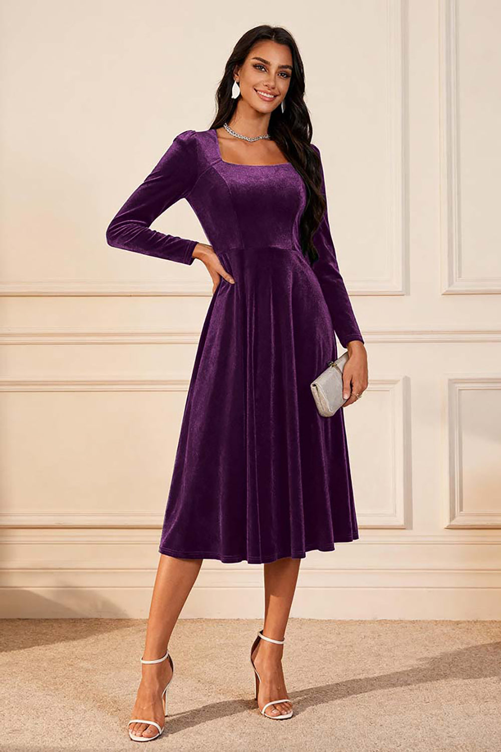Dark Green A Line Velvet Long Sleeve Holiday Party Dress