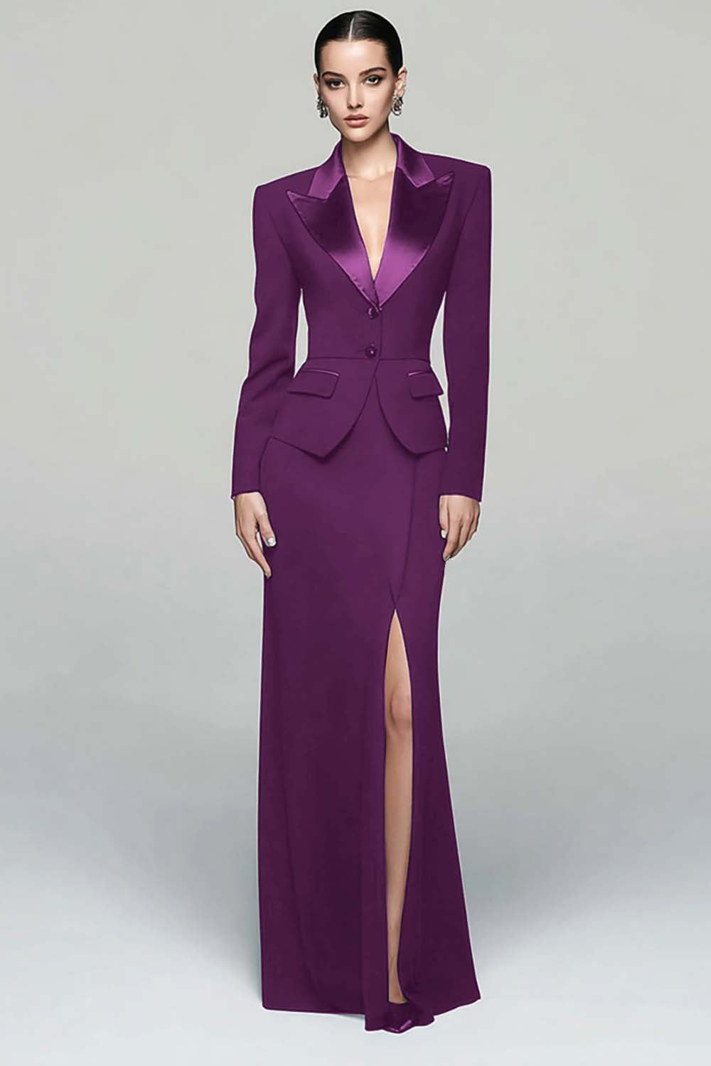 Black 2 Piece Peak Lapel Work Dress with Slit