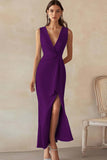 Sky Blue Satin V-Neck Long Work Dress with Slit