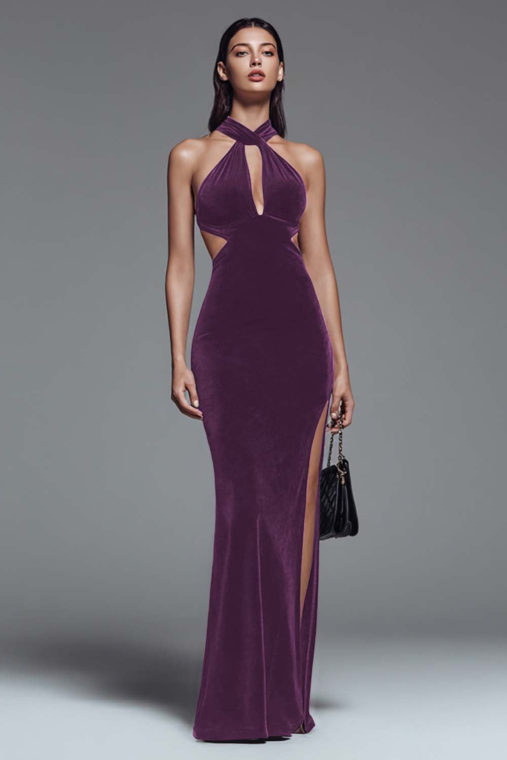 Dark Green Velvet Halter Sheath Long Formal Dress with Slit