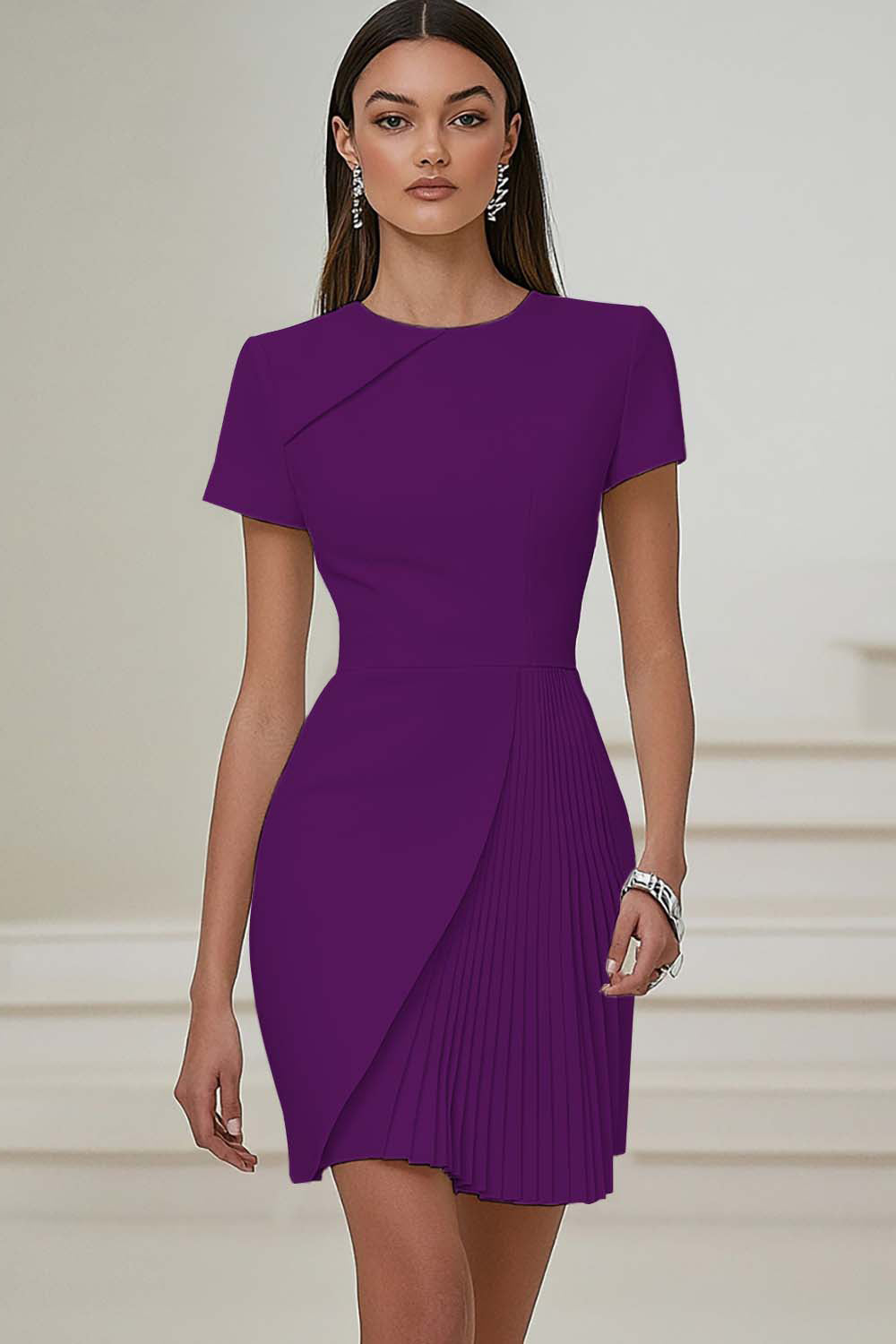 Ivory Pleated Work Dress with Short Sleeves