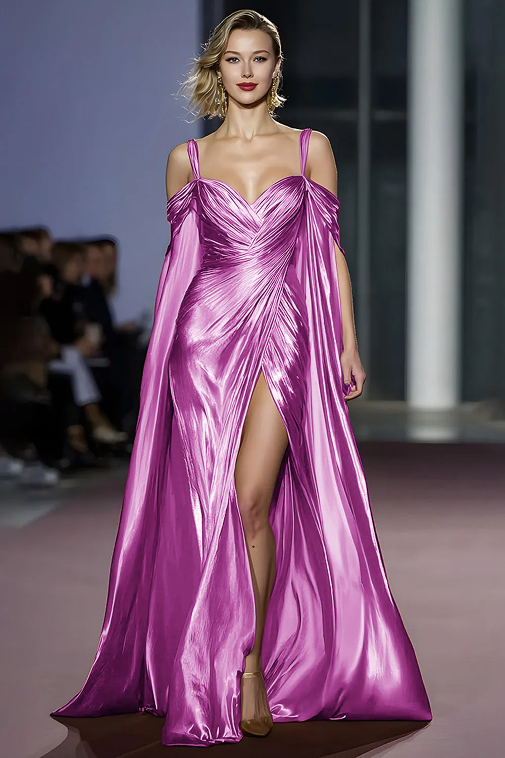 Coffee Metallic Cold Shoulder Long Gala Dress With Slit