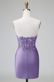 Dark Green Tight Deep V Neck Satin Strapless Short Homecoming Dress with Appliques