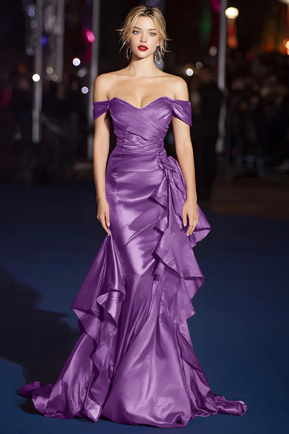 Dark Green Off the Shoulder Satin Ruched Mermaid Long Gala Dress with Ruffles