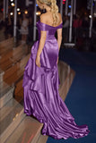 Dark Green Off the Shoulder Satin Ruched Mermaid Long Gala Dress with Ruffles