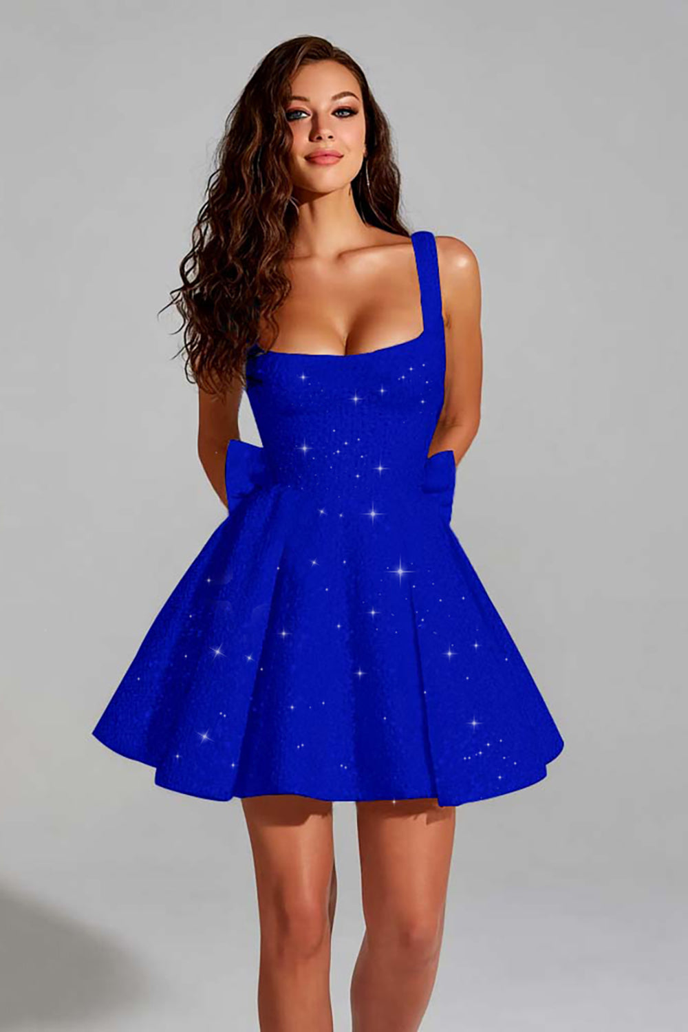 Sparkly Black A Line Square Neck Sequins Short Cocktail Dress with Back Giant Bow