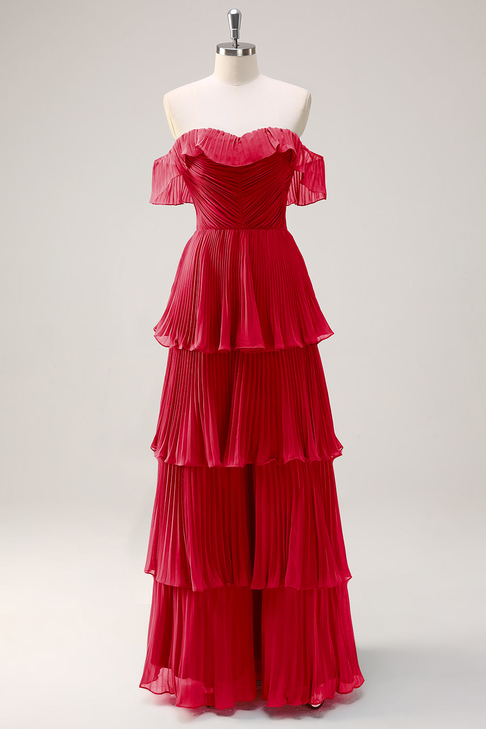 Eucalyptus A Line Off the Shoulder Tiered Pleated Long Bridesmaid Dress with Slit