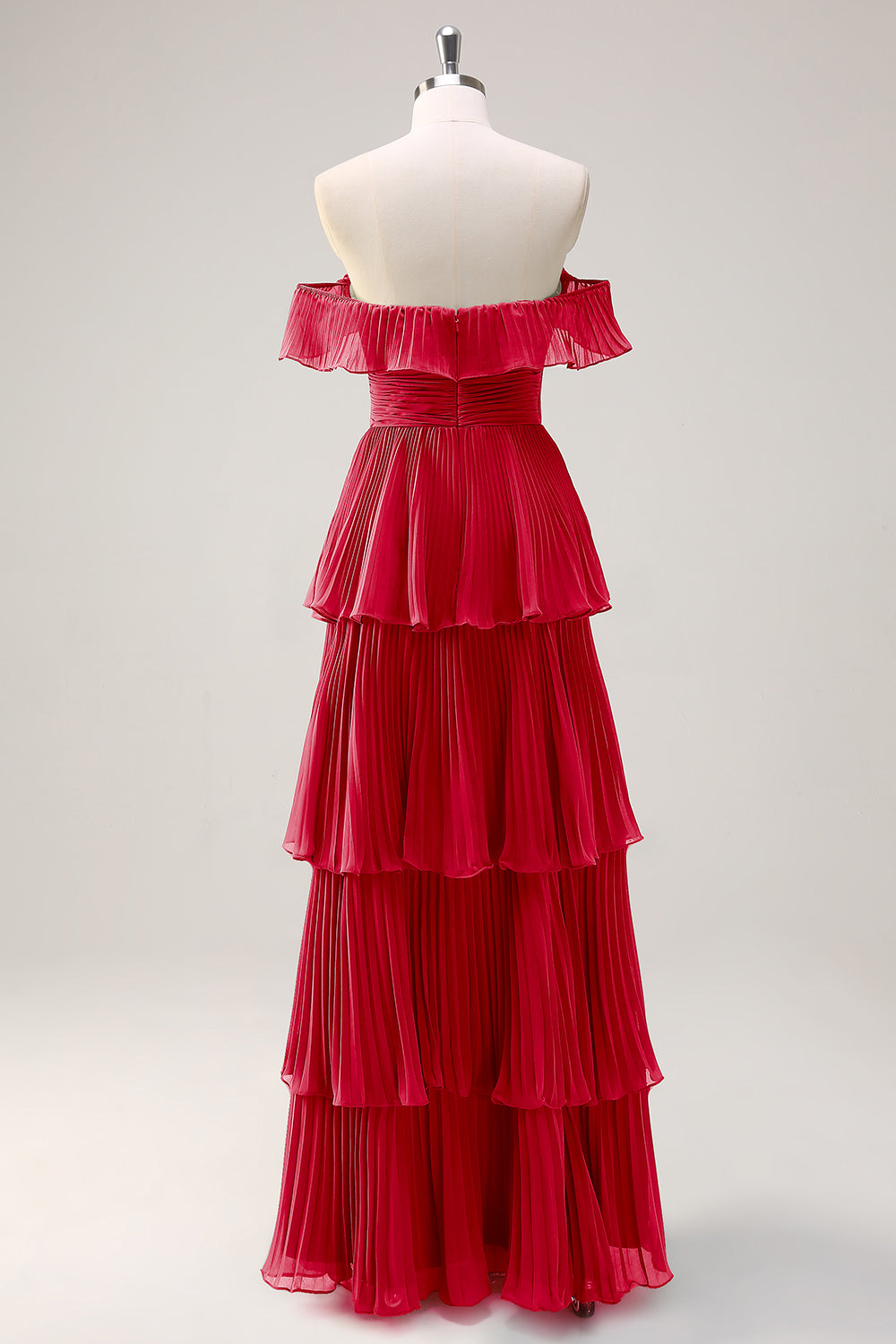 Eucalyptus A Line Off the Shoulder Tiered Pleated Long Bridesmaid Dress with Slit