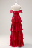 Eucalyptus A Line Off the Shoulder Tiered Pleated Long Bridesmaid Dress with Slit