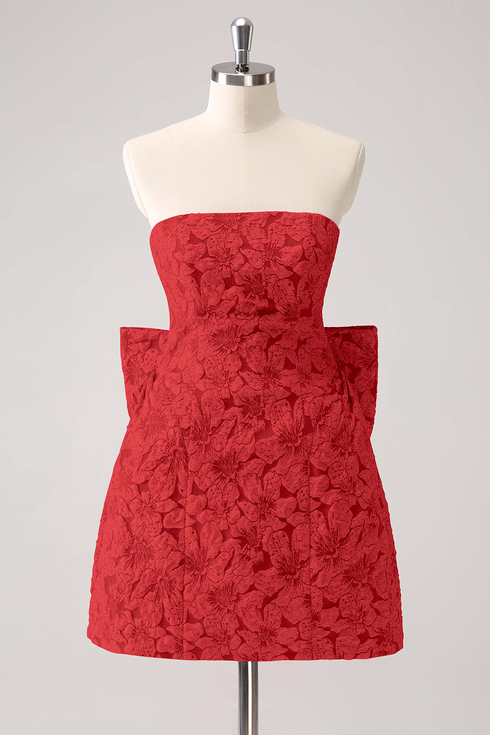 Fuchsia A Line Floral Strapless Brocade Short Homecoming Dress with Back Giant Bow