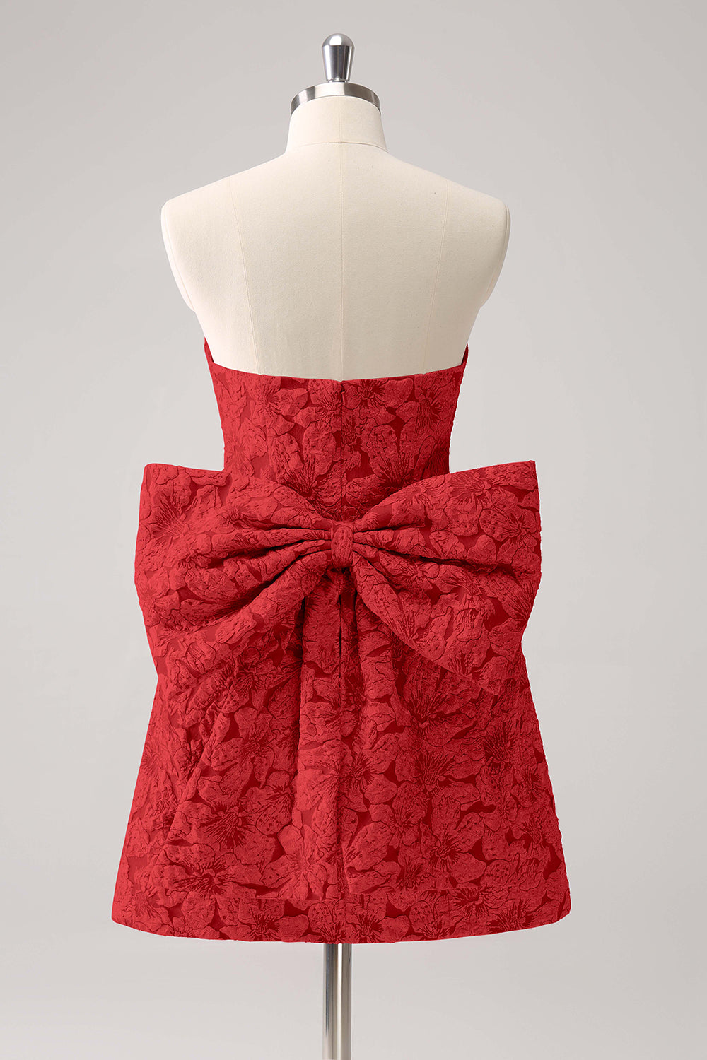 Fuchsia A Line Floral Strapless Brocade Short Homecoming Dress with Back Giant Bow