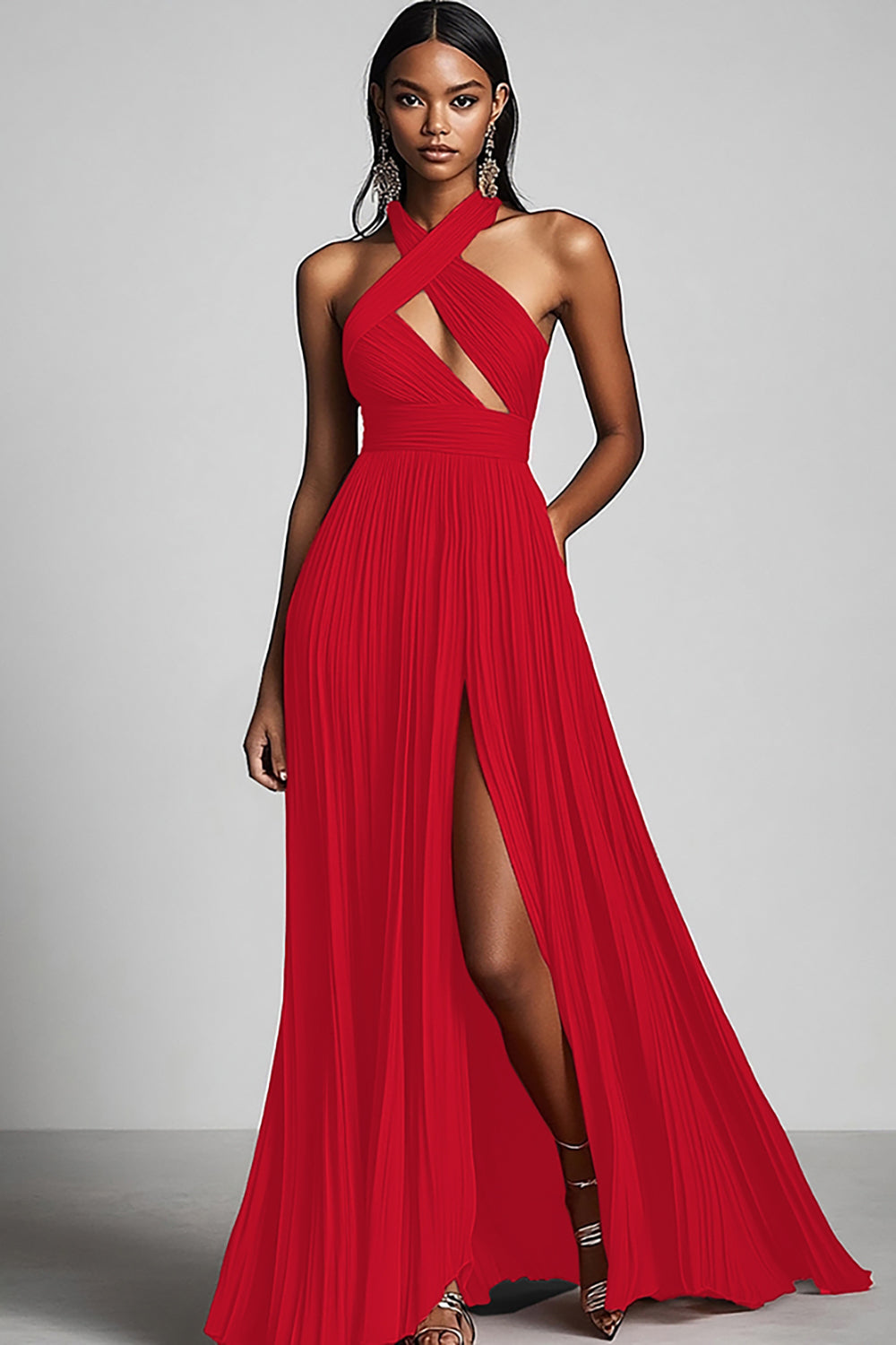 Black A Line Pleated Long Fomal Dress with Slit