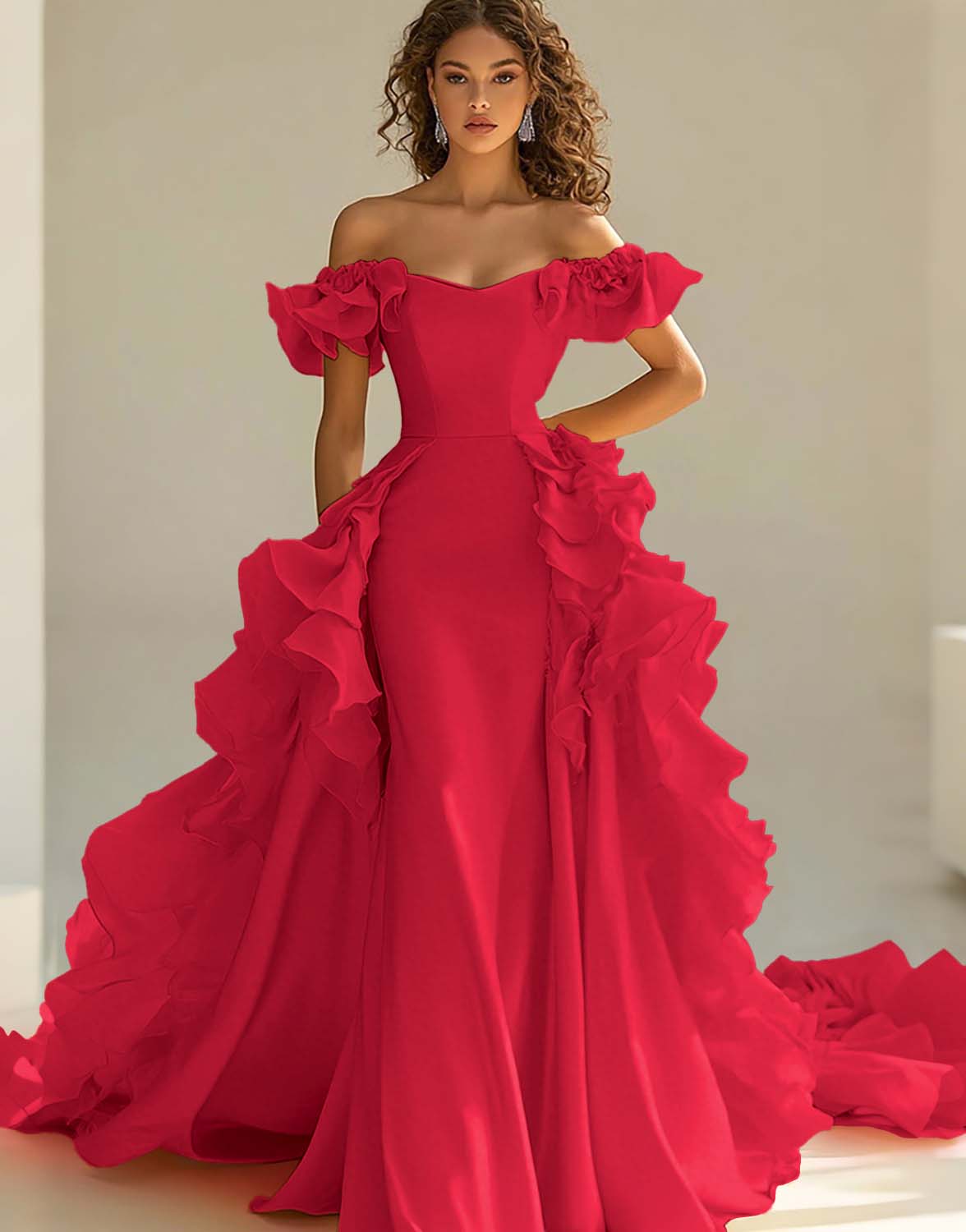 Yellow Off The Shoulder Mermaid Ruffles Satin Prom Dress