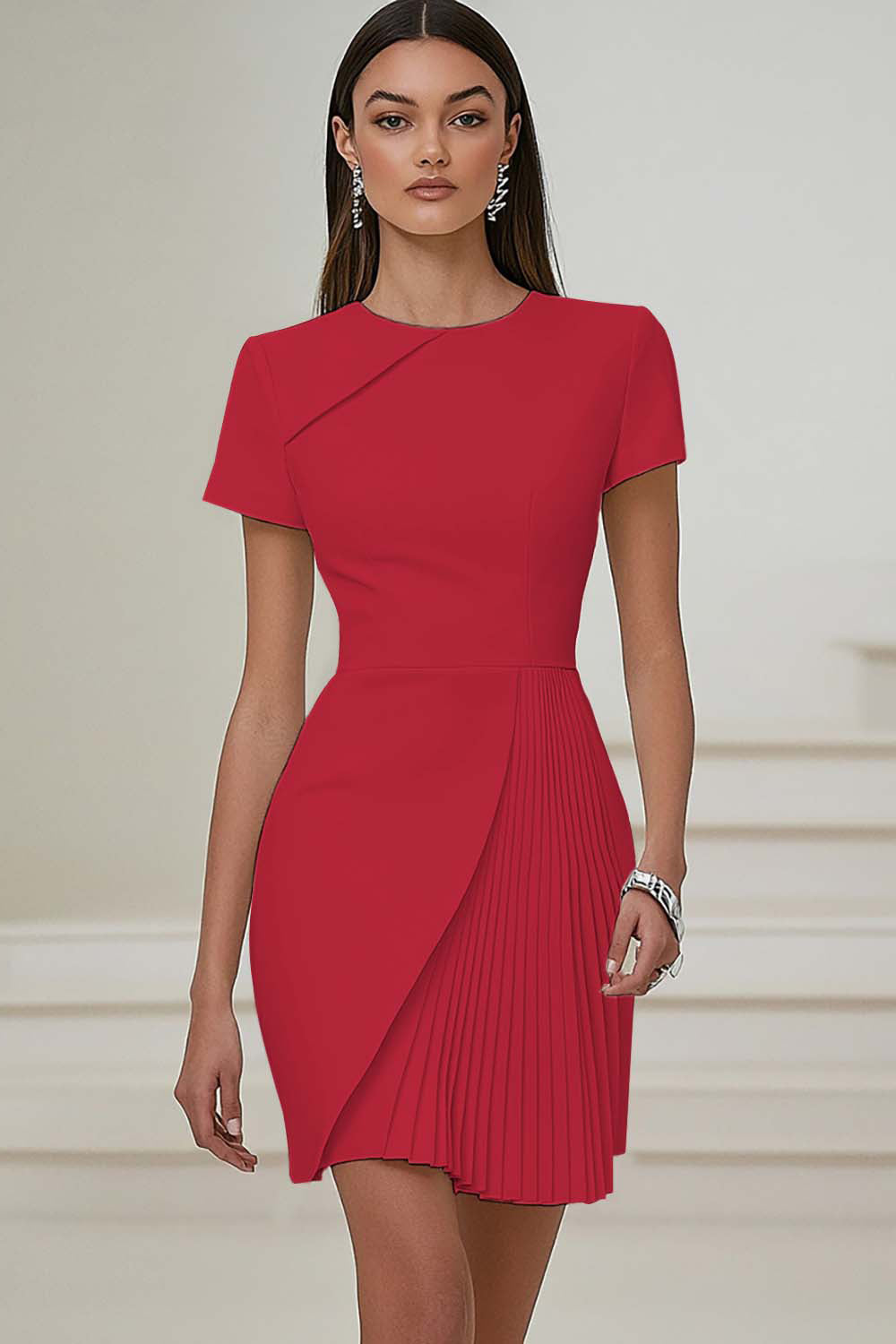 Ivory Pleated Work Dress with Short Sleeves