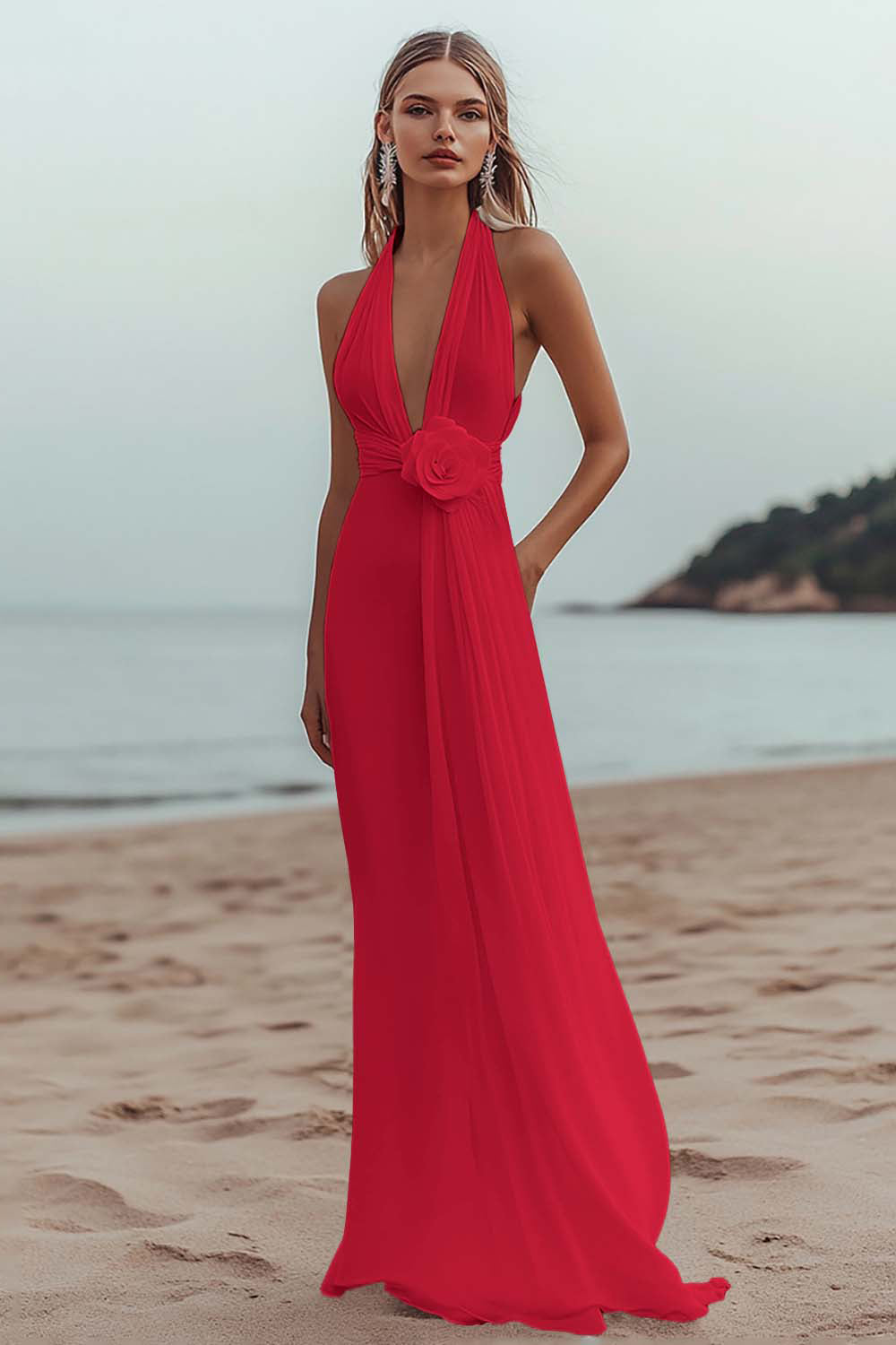 White Sheath Halter Ruched Long Formal Dress with Flower