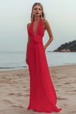 White Sheath Halter Ruched Long Formal Dress with Flower