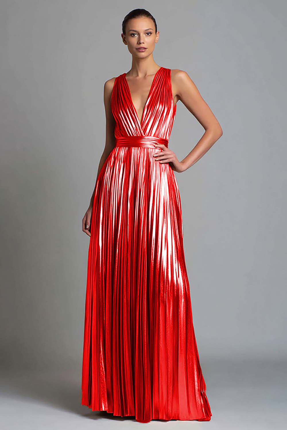 Gold A-Line V-Neck Metallic Long Formal Dress