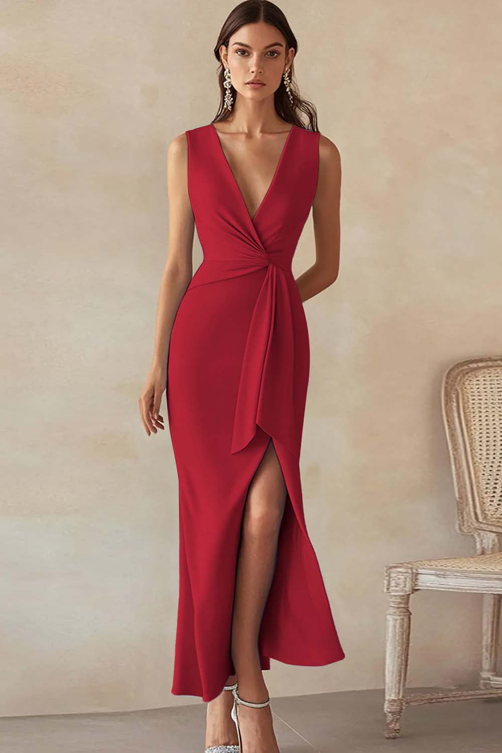 Sky Blue Satin V-Neck Long Work Dress with Slit