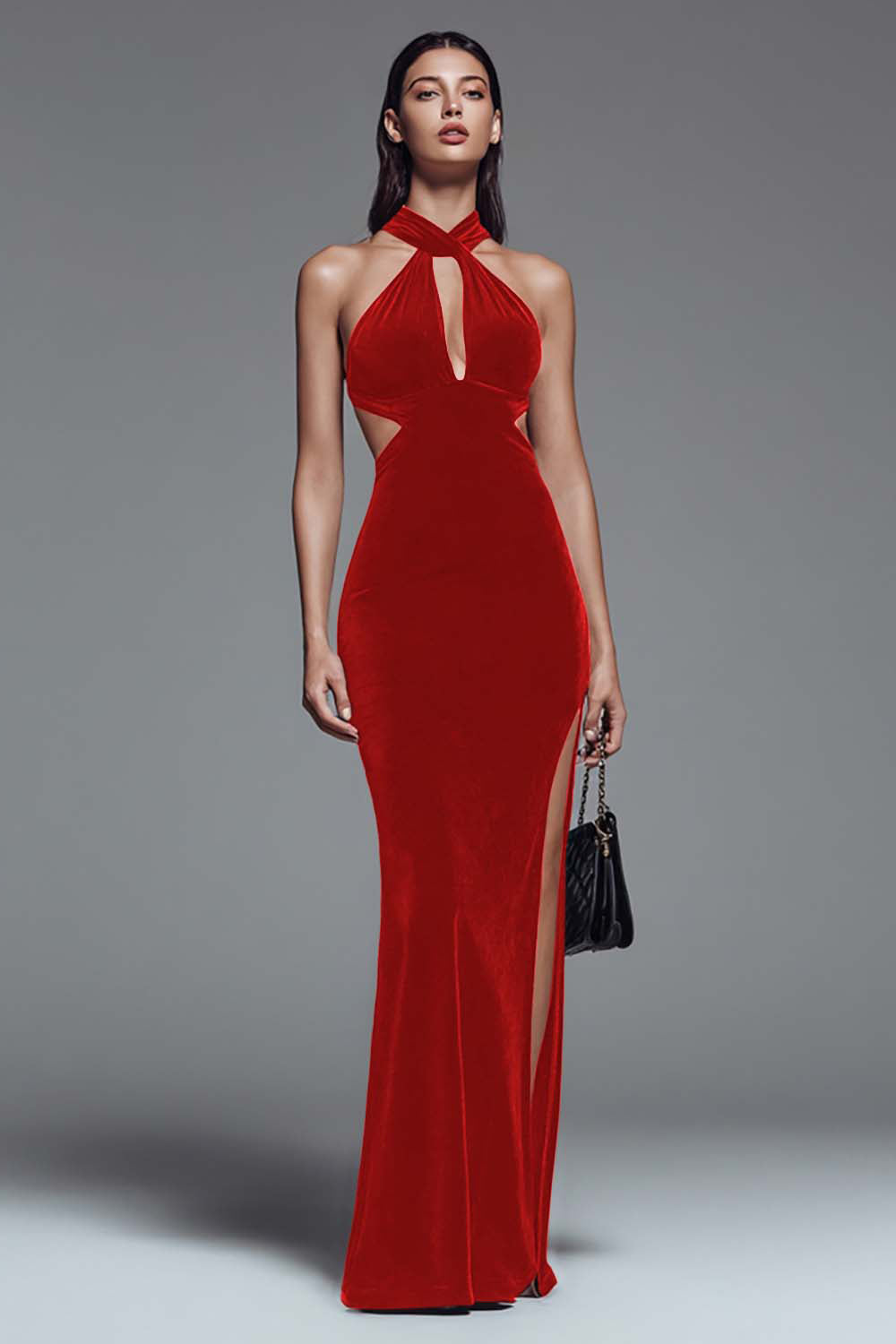 Dark Green Velvet Halter Sheath Long Formal Dress with Slit