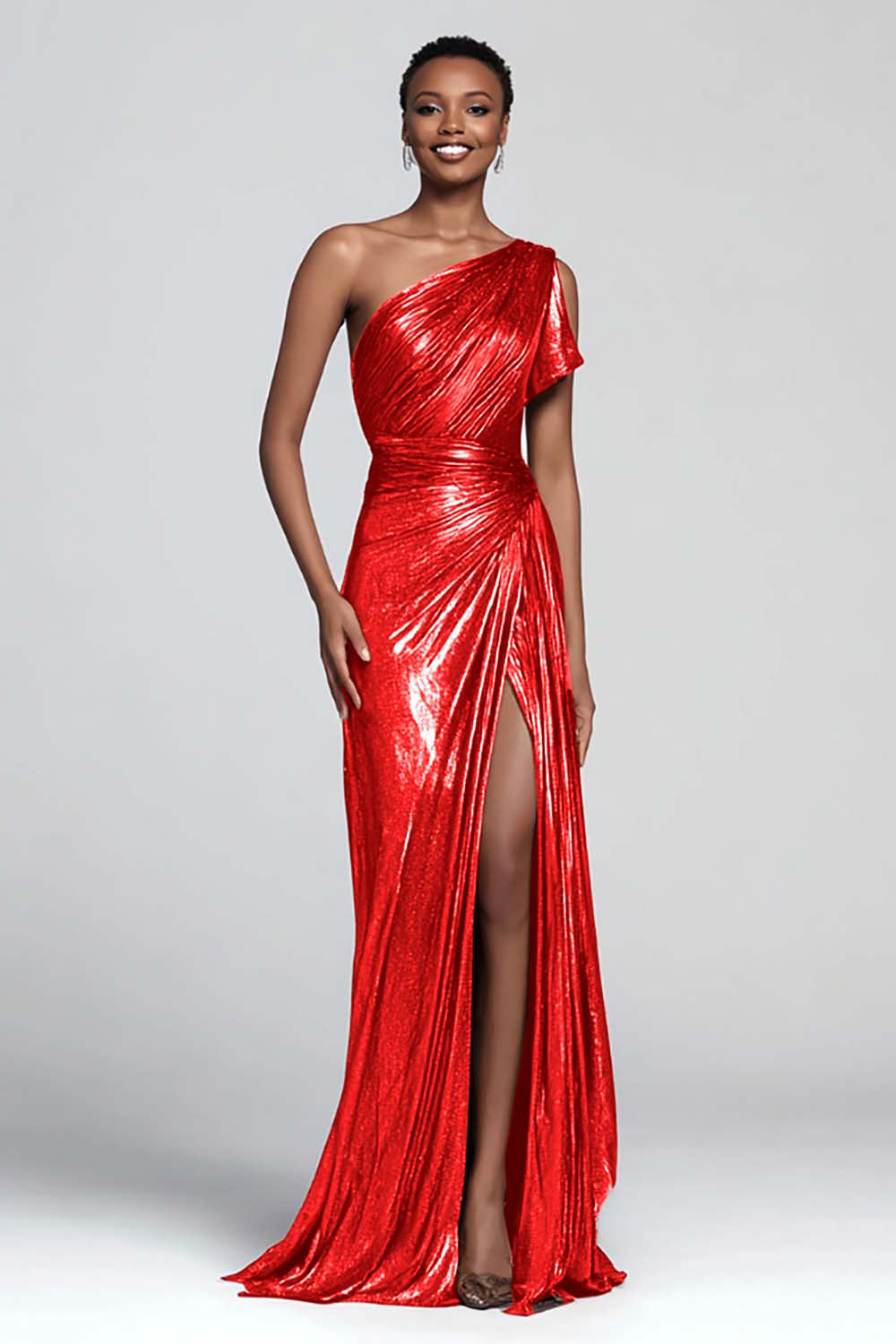 Brown Metallic Sheath One Shoulder Long Formal Dress