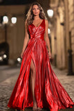 Green A-Line Metallic V-Neck Pleated Formal Dress With Slit